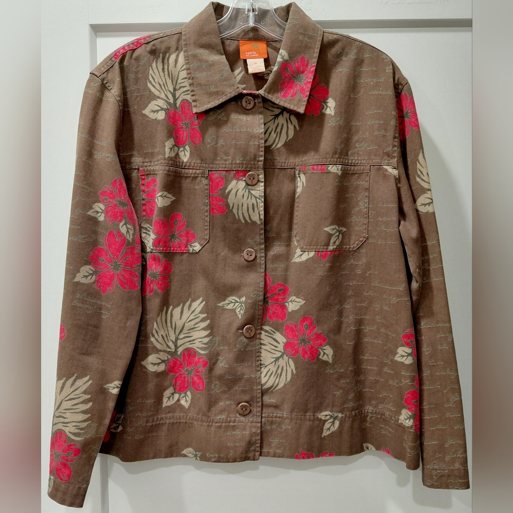 Vtg Hearts of Palm Brown Denim Sz 12 Floral Handwriting Buttons Pockets Cotton